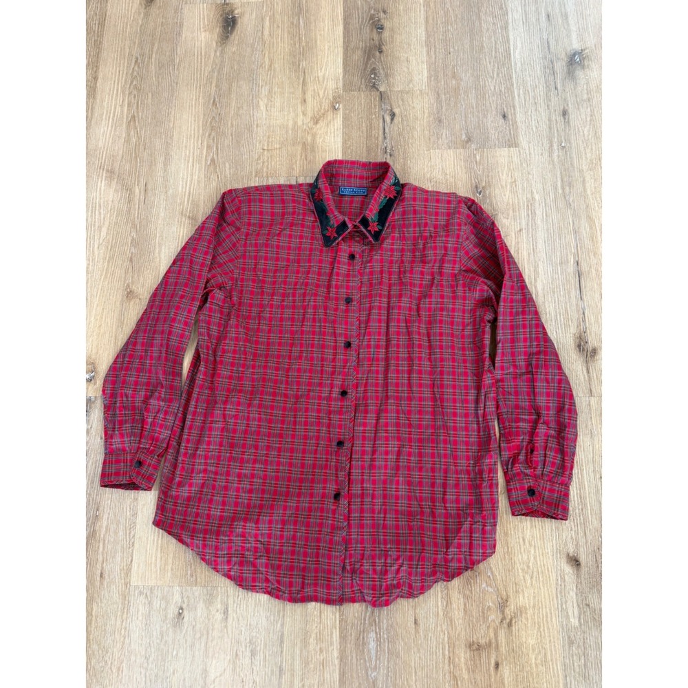 Karen Scott Preppy Plaid Button Down Shirt Women XL Red Embroidered Holiday